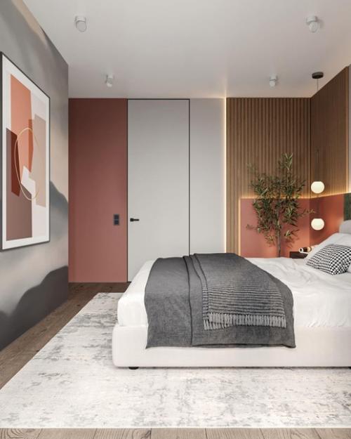 Спальня с любимым терракотовым, приятным деревом и зеленью. 04