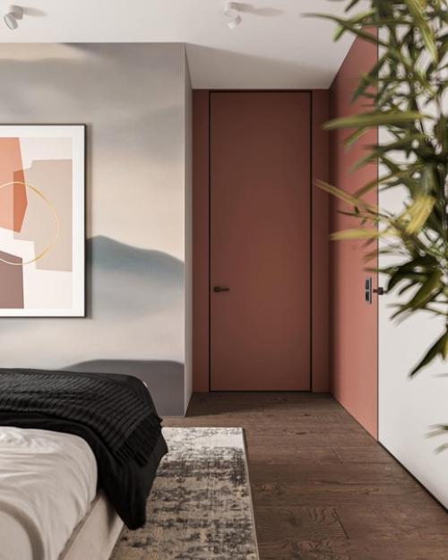 Спальня с любимым терракотовым, приятным деревом и зеленью. 02