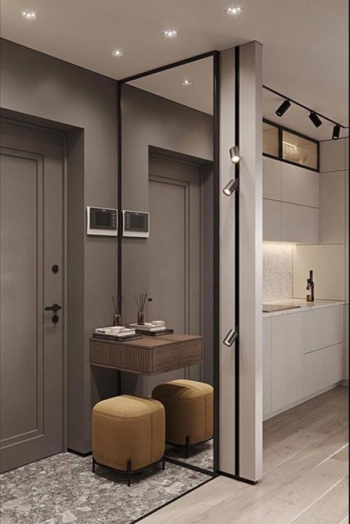 Интерьер прихожей. Выполнен в приятном серо-коричневом оттенке. 06