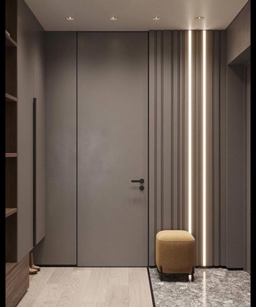 Интерьер прихожей. Выполнен в приятном серо-коричневом оттенке. 01