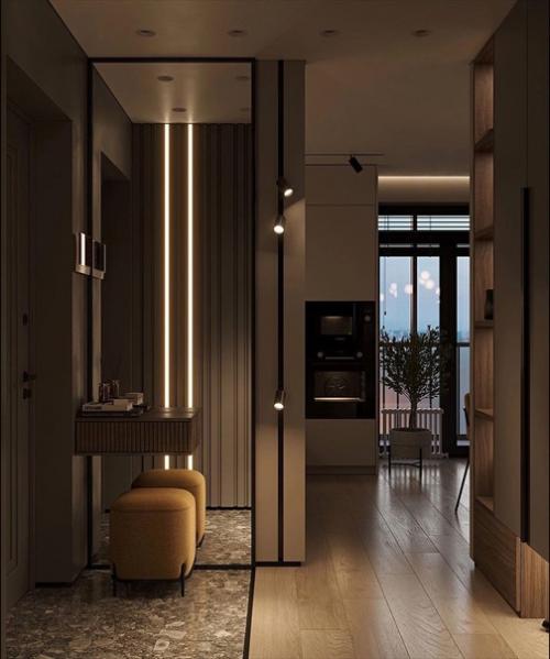 Интерьер прихожей. Выполнен в приятном серо-коричневом оттенке. 05