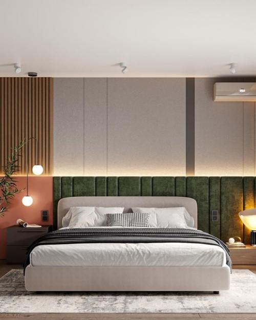 Спальня с любимым терракотовым, приятным деревом и зеленью. 05