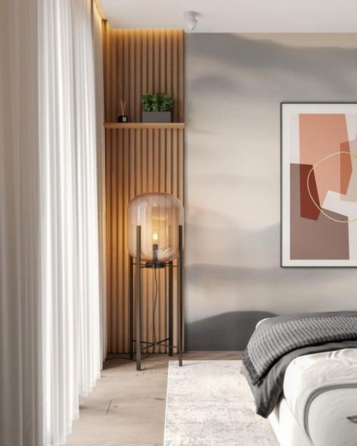 Спальня с любимым терракотовым, приятным деревом и зеленью. 01