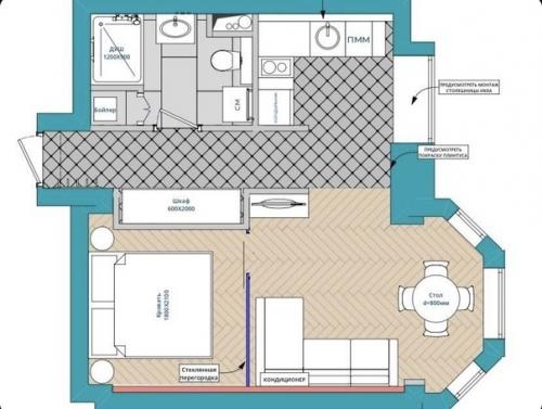 Стильная студия с зеленой кухней и спальней за перегородкой. 09