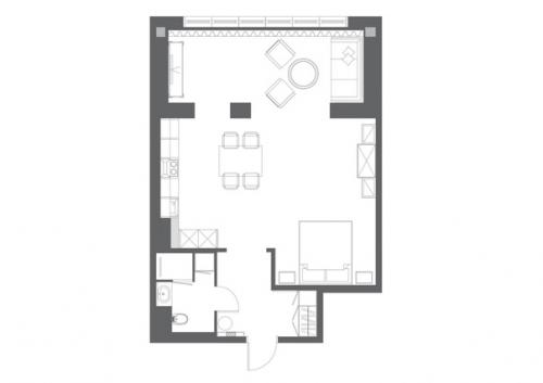 Просторная студия с бирюзовыми стенами и скрытым хранением. 09