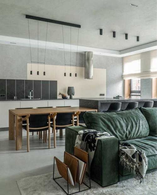 Сдержанная цветовая гамма, минимум мебели и максимум тактильных впечатлений от соприкосновения с натуральным деревом, стеклом, металлом.