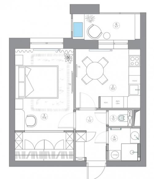 Однокомнатная квартира с изолированной кухней. 07