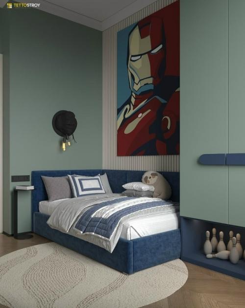 Интерьер детской комнаты выполнен в современном и сдержанном стиле с яркими акцентами, отражающими интересы ребёнка. 01