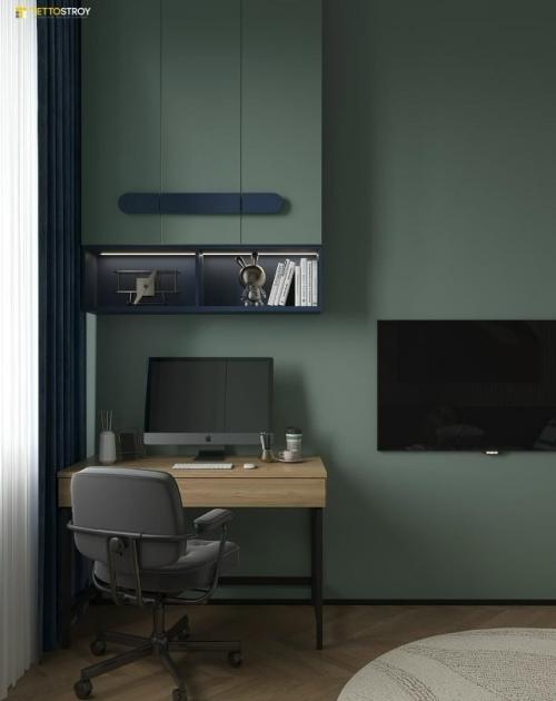 Интерьер детской комнаты выполнен в современном и сдержанном стиле с яркими акцентами, отражающими интересы ребёнка.  