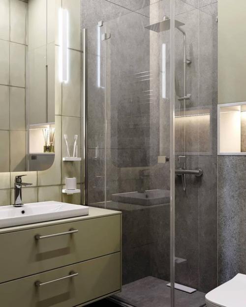 Проект ванной комнаты в необычном оттенке зелёного цвета. 02