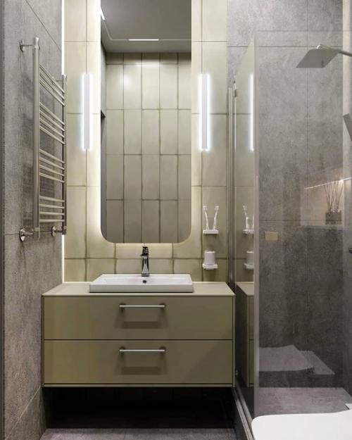 Проект ванной комнаты в необычном оттенке зелёного цвета.