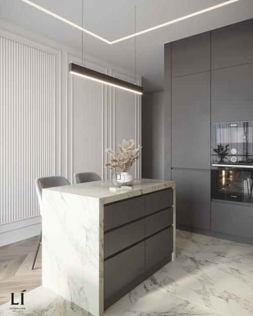 Кухня - гостиная в бархатистых серых тонах. 02