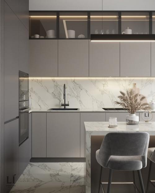 Кухня - гостиная в бархатистых серых тонах.