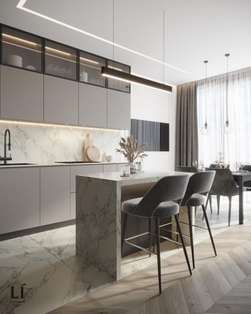 Кухня - гостиная в бархатистых серых тонах. 01