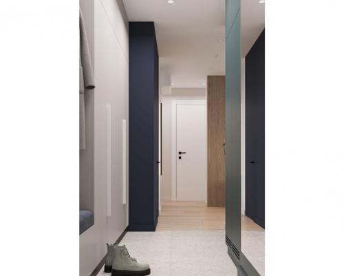 Прихожая, выполненная в светлых тонах с добавлением зеленых и синих акцентов. 01