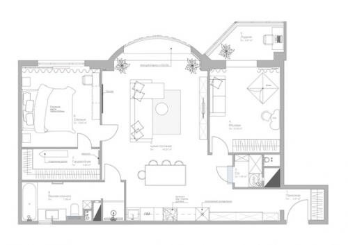 Трешка с зоной отдыха в эркере и кухней в коридоре. 09