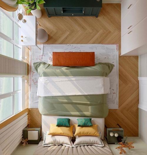 Красивая спальня в современном стиле с яркими теплыми акцентами. 04