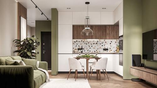 Кухня - гостиная и прихожая с акцентом зеленого цвета. 02