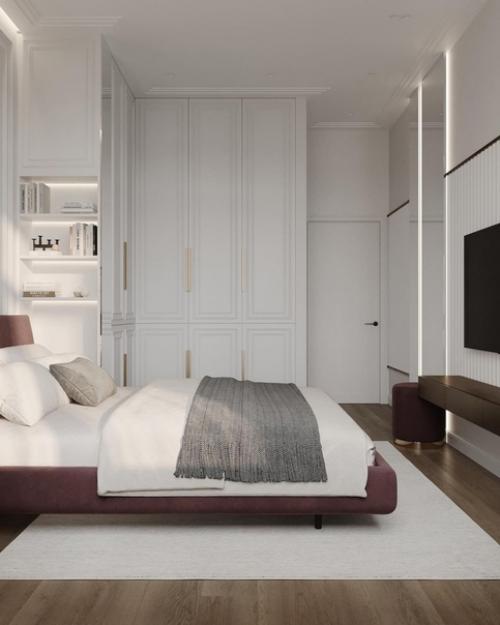 Светлая и просторная и с очень необычным декором на стене спальная комната. 06