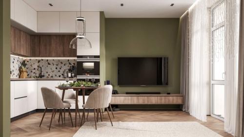 Кухня - гостиная и прихожая с акцентом зеленого цвета. 01