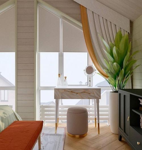 Красивая спальня в современном стиле с яркими теплыми акцентами. 03