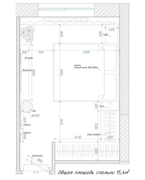 Светлая и просторная и с очень необычным декором на стене спальная комната. 08