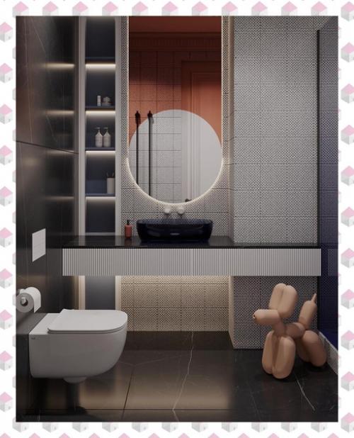 Интерьер детского санузла в двухуровневом пентхаусе для мальчика и девочки.