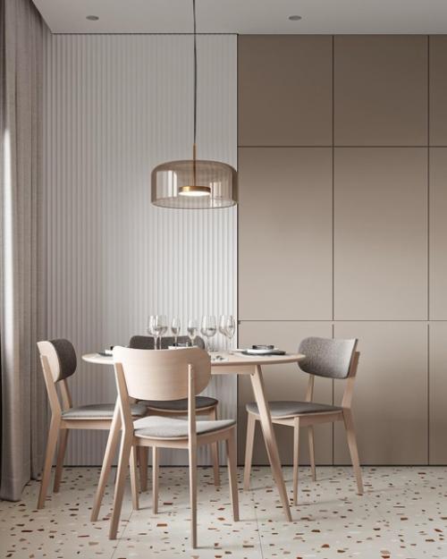 Приятное сочетание цветов без лишних деталей, а также много света, как естественного, так и искусственного, что делает квартиру более просторней.