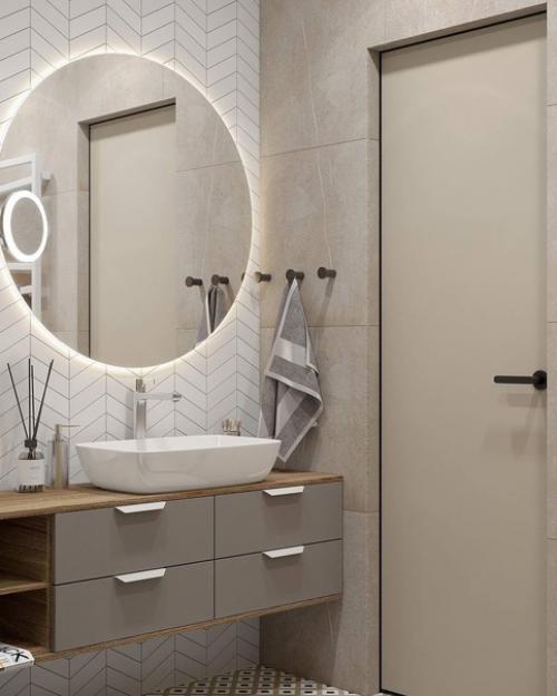 Санузел в светлых тонах с деревянными отделками. 03