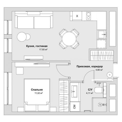 Хорошо продуманный и функциональный вариант обустройства небольшой квартиры в однушке. 09