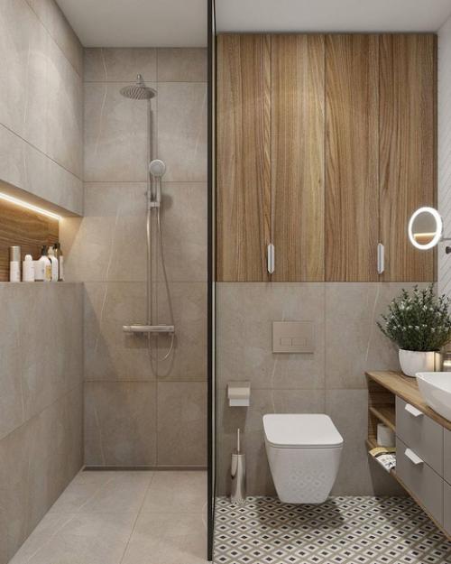 Санузел в светлых тонах с деревянными отделками. 01