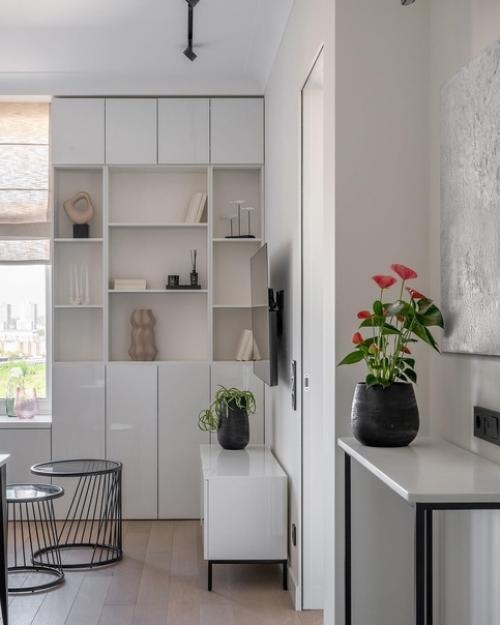 Интерьер с белыми стенами, незаметными дверями, гардеробной. 02