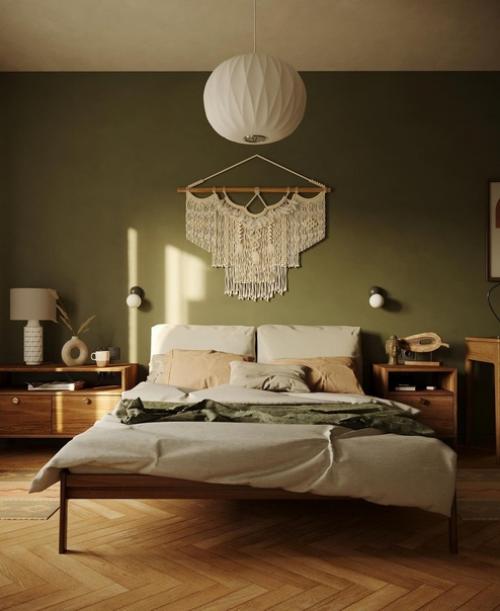 Спальня в теплой успокаивающей оливке. 03