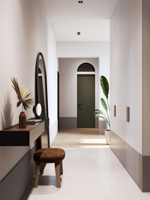 В этом уютном минималистическом интерьере оттенки коричневого, абрикосового и зеленого используются во всех помещениях. 03