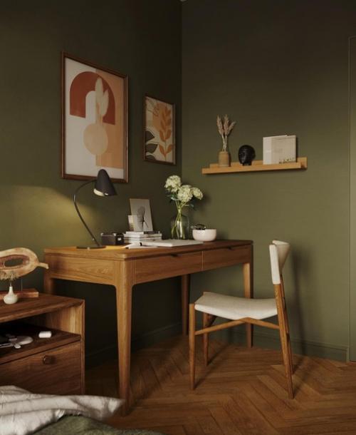 Спальня в теплой успокаивающей оливке. 01