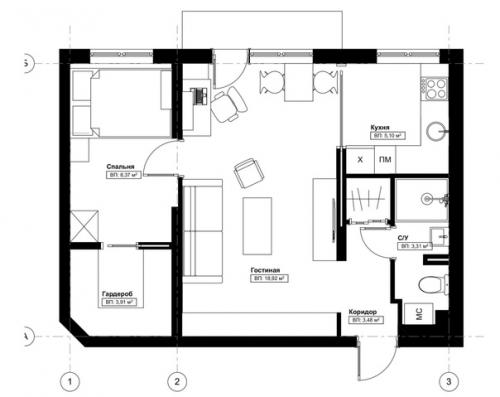 Квартира в хрущевке.  Площадь: 45 кв. 09