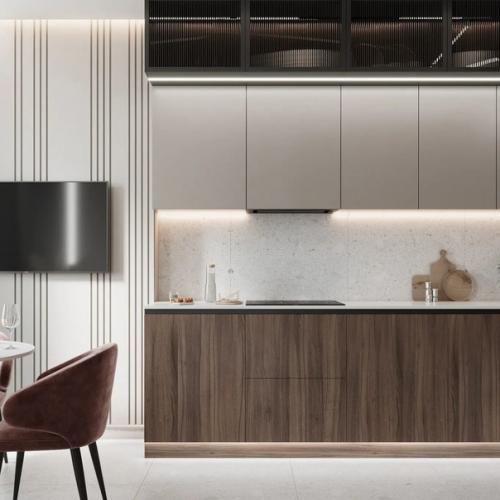 Кухня - гостиная и коридор в одном стиле.