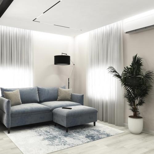 Гостиная, площадью всего 13 м 2, которая вместила в себя зону отдыха и рабочее место. 02