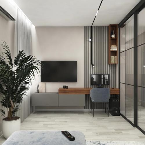 Гостиная, площадью всего 13 м 2, которая вместила в себя зону отдыха и рабочее место. 01