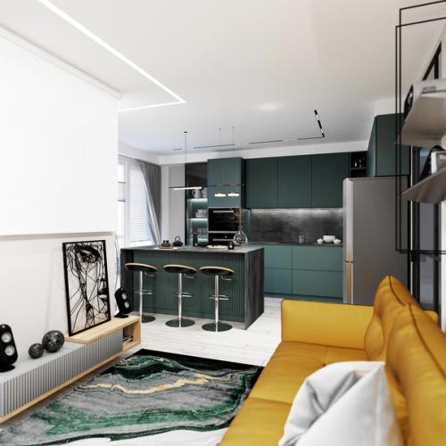 Кухня - гостиная с яркими акцентами. 01