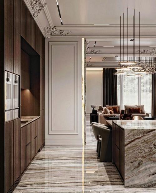 Холл и кухня - гостиная в загородном доме.