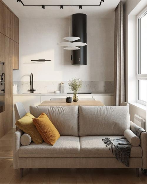 Современный стиль в дизайне кухни - гостиной, площадью - 16.