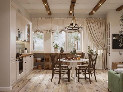 Стильная кухня - гостиная в загородном доме.