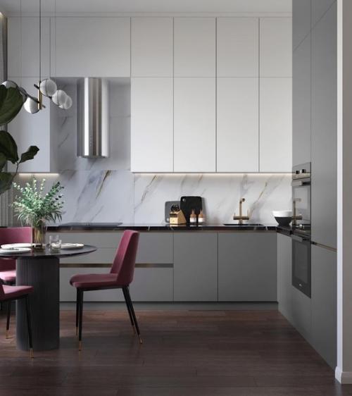 Кухня - гостиная в этом интерьере разбита на четыре зоны: зона готовки, обеденная группа, место для работы и уголок для отдыха. 01