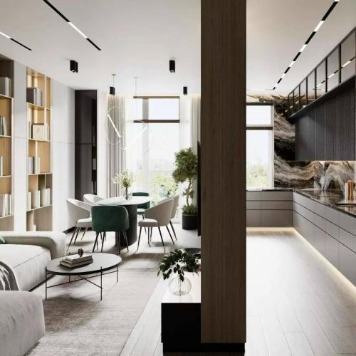 Минималистичный интерьер кухни - гостиной отличается чистыми линиями и продуманной функциональностью. 02