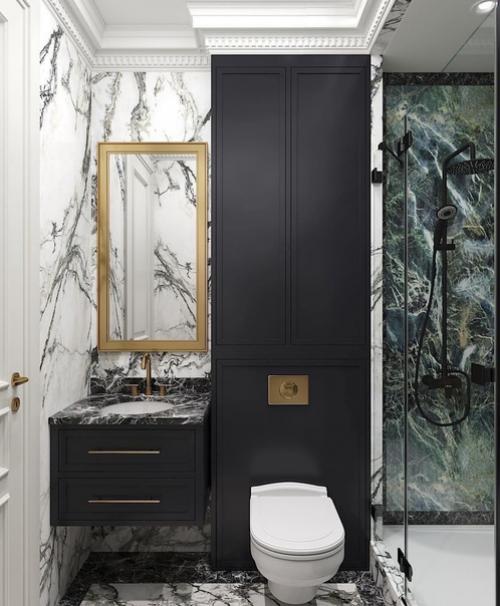 Ванная комната в сочетании мрамора и столярки.
