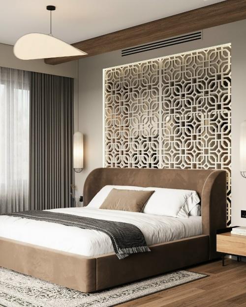 Современный интерьер выполнен в элегантной и сдержанной стилистике с акцентом на благородные материалы и продуманную геометрию пространства.  