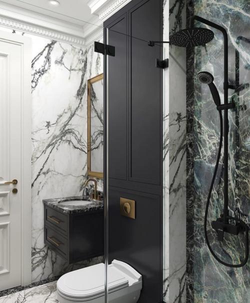 Ванная комната в сочетании мрамора и столярки. 01