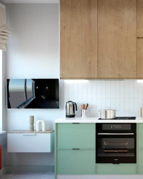 Кухню в довольно смелых цветовых сочетаниях. 06