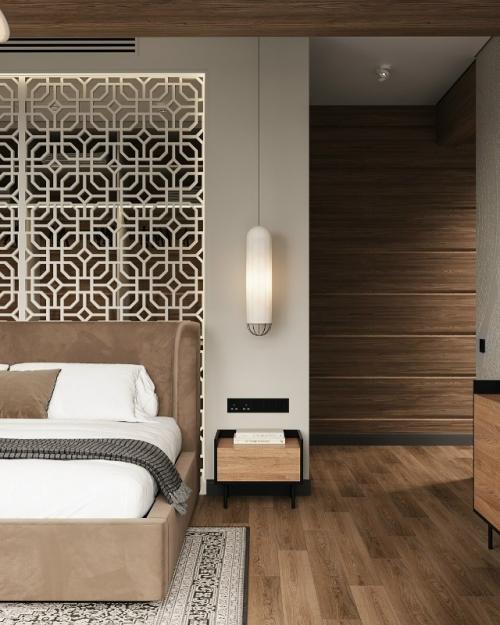 Современный интерьер выполнен в элегантной и сдержанной стилистике с акцентом на благородные материалы и продуманную геометрию пространства. 02